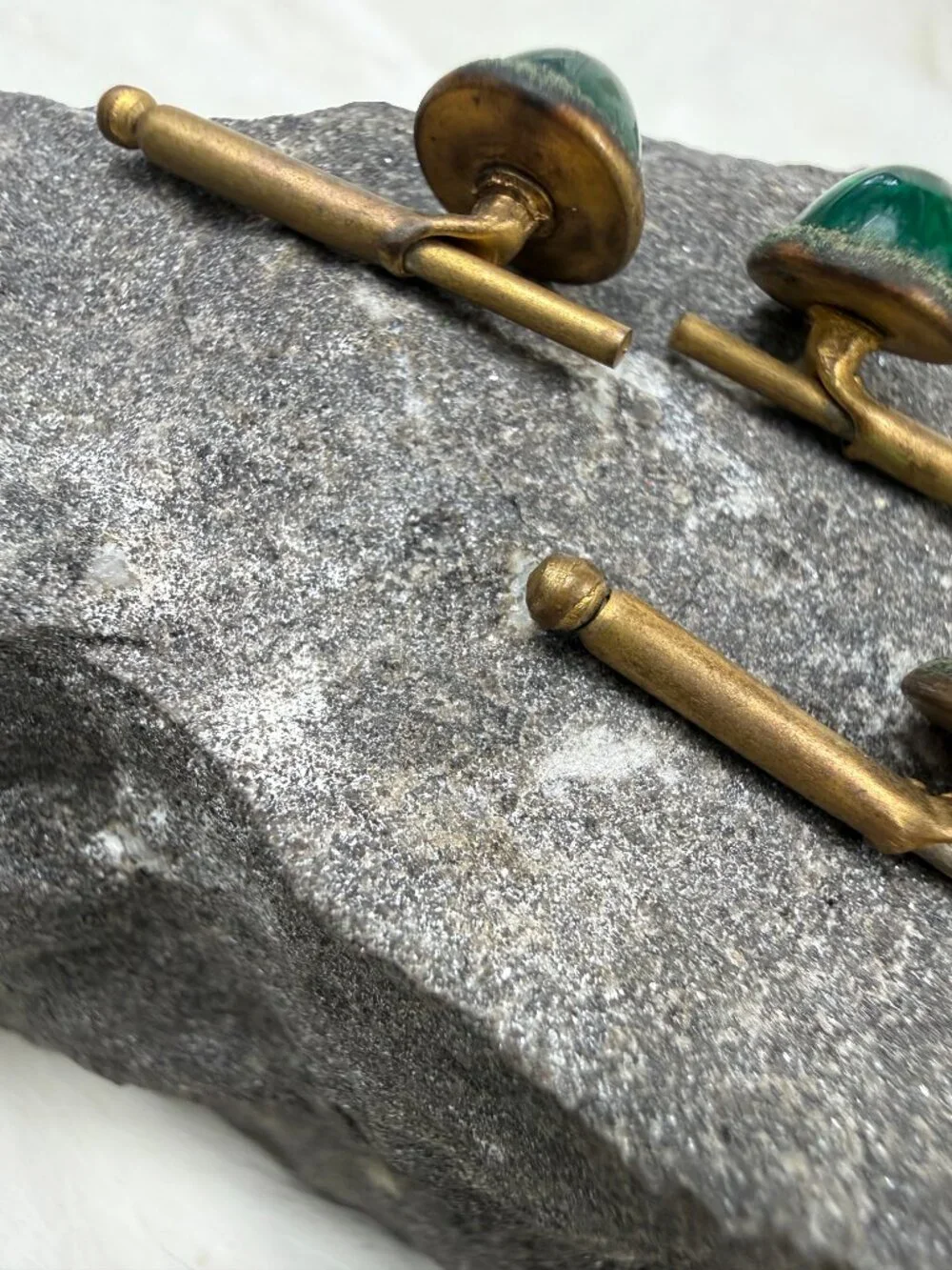 Vintage Set of 3 Green Glass & Brass Button Shirt Studs